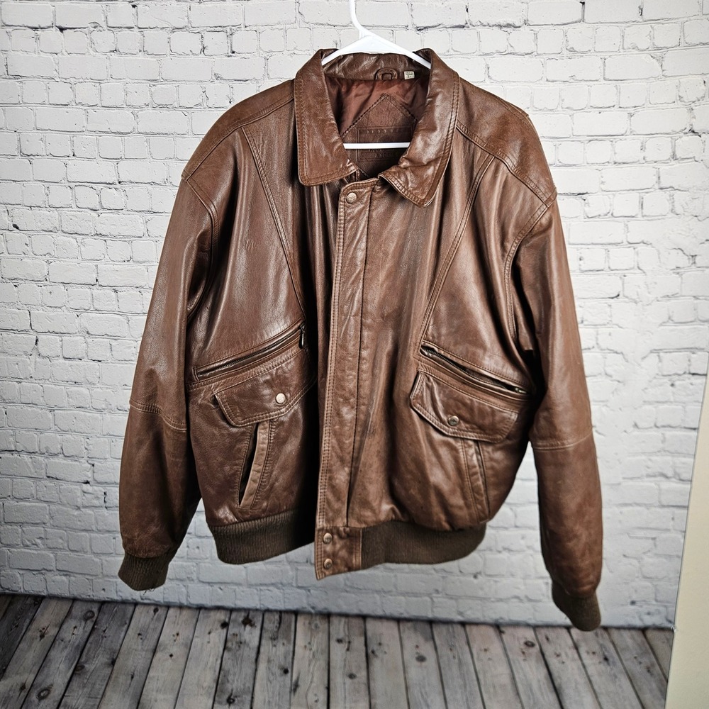 Roundtree & Yorke Mens Brown Leather Bomber Jacket Vintage Flight Coat Large